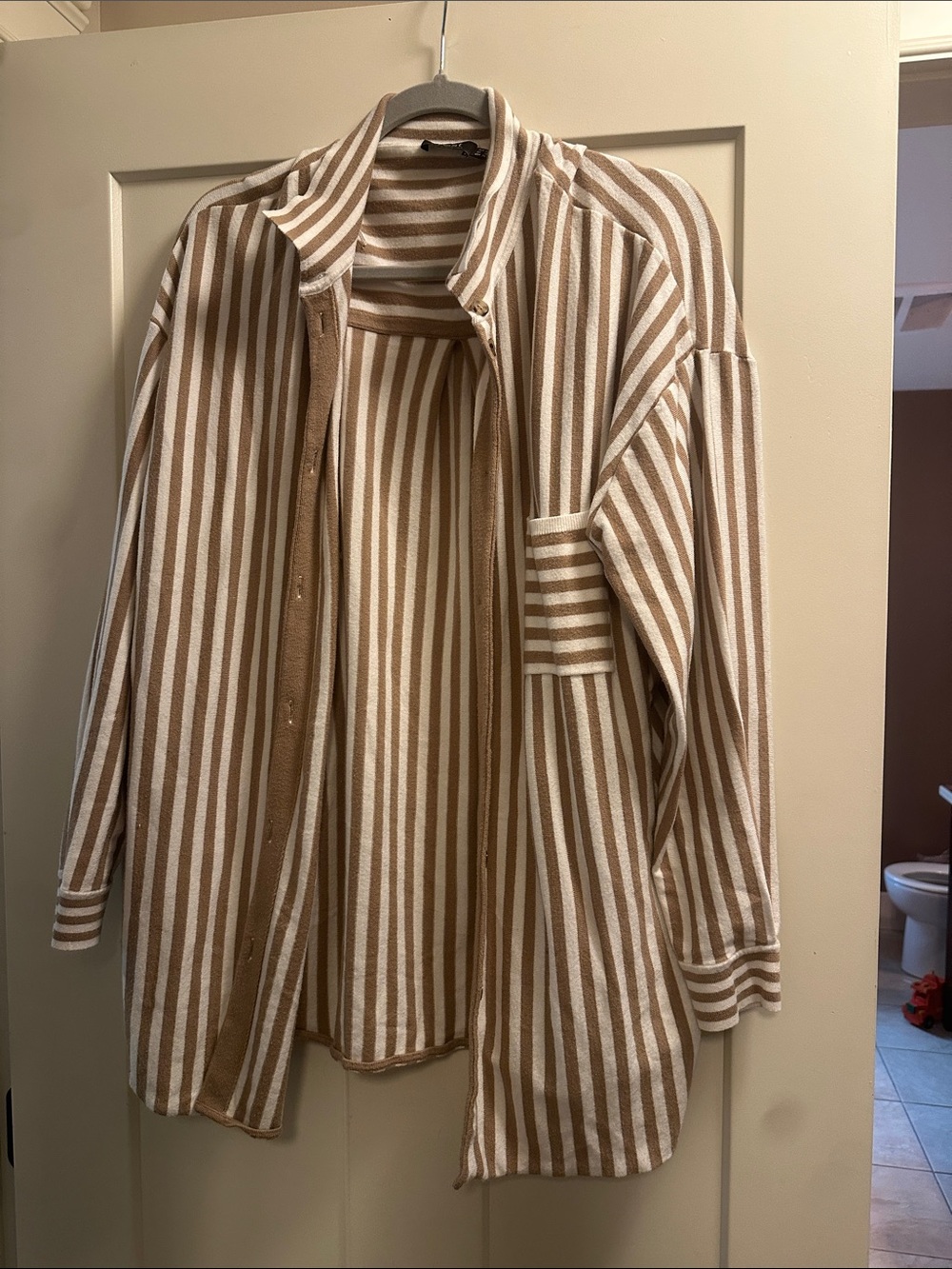 Relaxed Striped Shirt Jacket in Beige and White